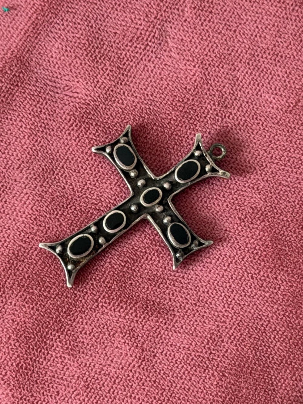 Vintage 925 Sterling Silver Black Onyx Byzantine Cross Pendant
